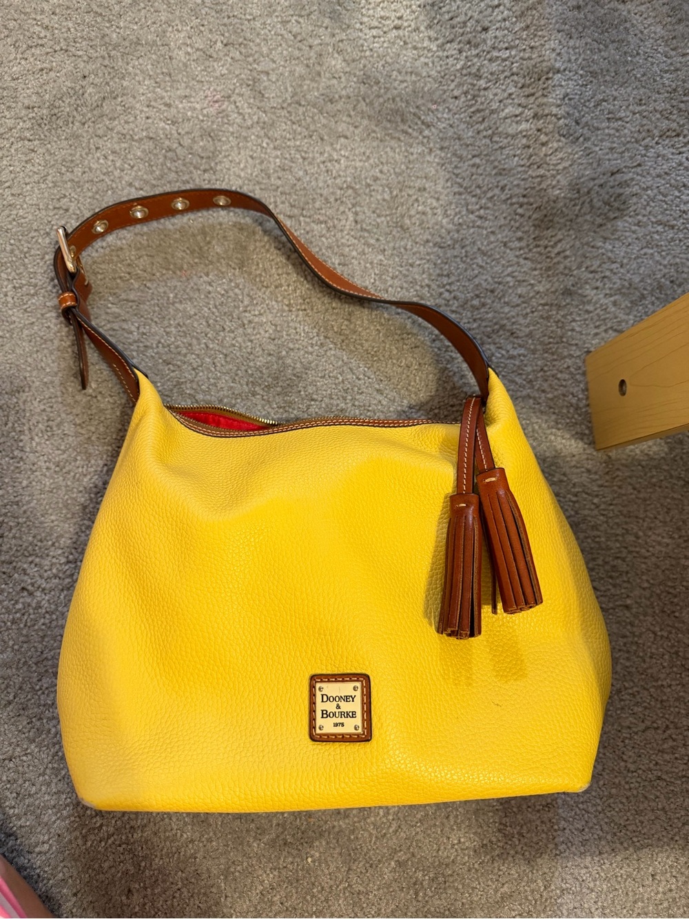 Dooney & Bourke Yellow Leather Shoulder Bag with Brown Strap and Tassels